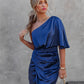 Elegant One-Shoulder Satin Navy Cocktail Dress