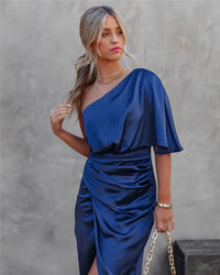 Elegant One-Shoulder Satin Navy Cocktail Dress