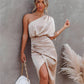 Elegant One-Shoulder Satin Navy Cocktail Dress