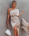 Elegant One-Shoulder Satin Navy Cocktail Dress