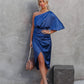 Elegant One-Shoulder Satin Navy Cocktail Dress