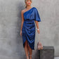 Elegant One-Shoulder Satin Navy Cocktail Dress