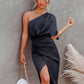 Elegant One-Shoulder Satin Navy Cocktail Dress