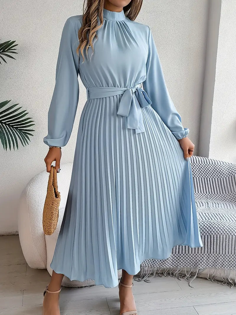 Elegant Pleated Midi Wedding Guest Dress With  Belted Waist