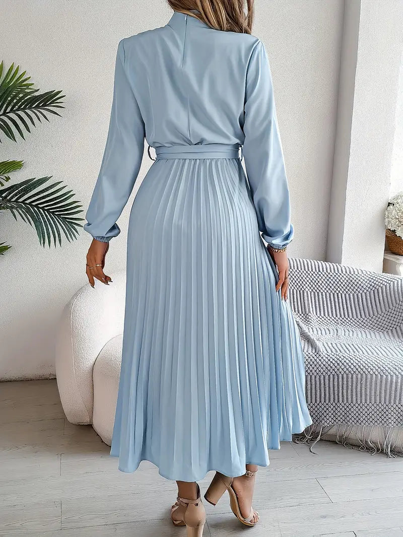 Elegant Pleated Midi Wedding Guest Dress With  Belted Waist