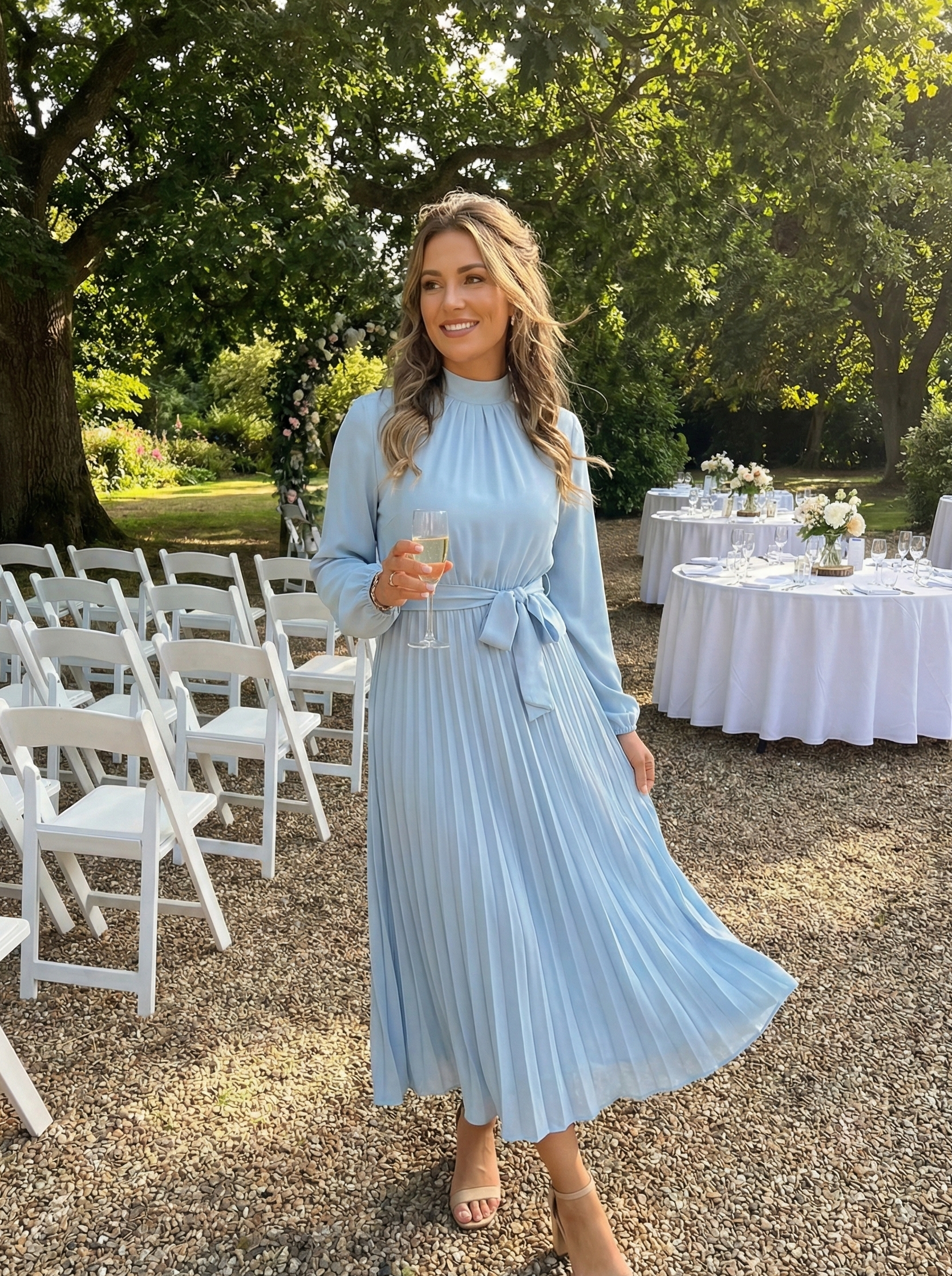 Elegant Pleated Midi Wedding Guest Dress With  Belted Waist