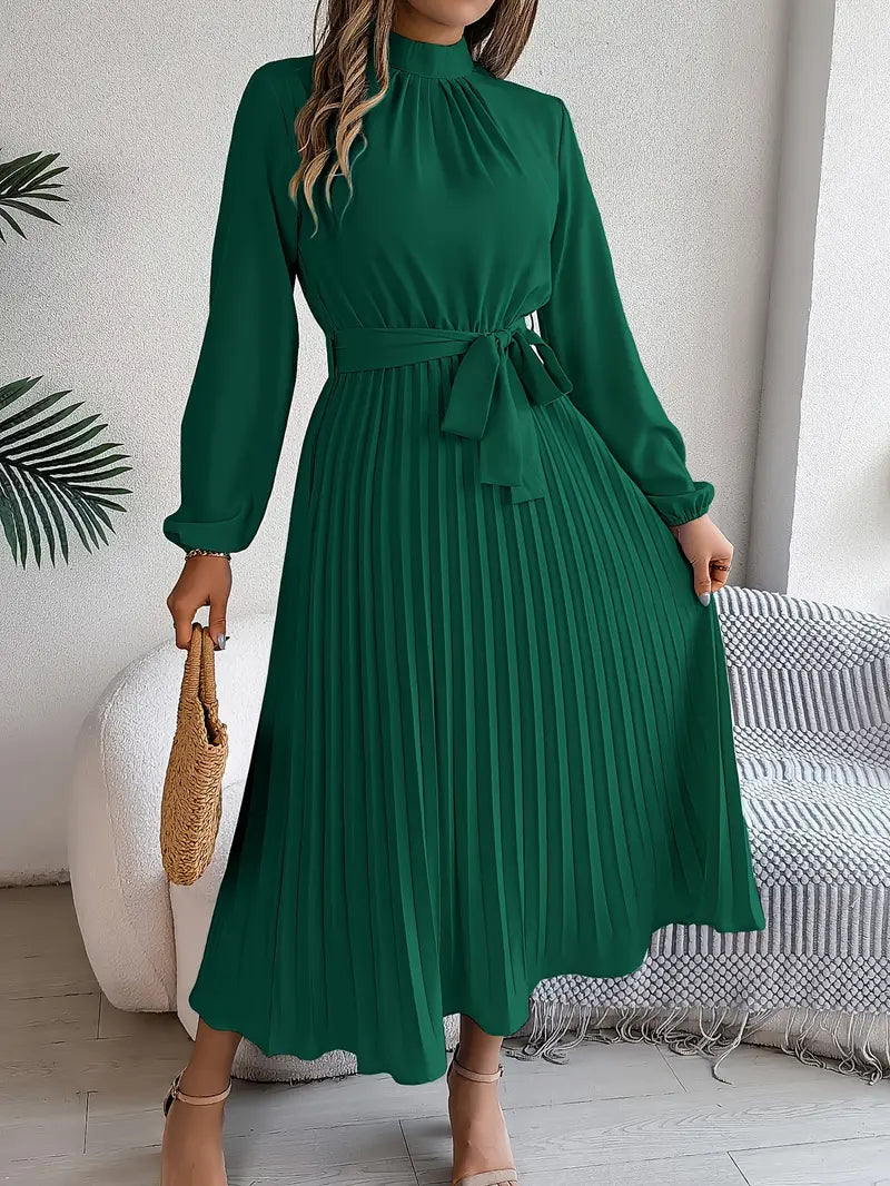 Elegant Pleated Midi Wedding Guest Dress With  Belted Waist