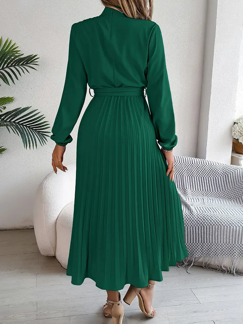 Elegant Pleated Midi Wedding Guest Dress With  Belted Waist