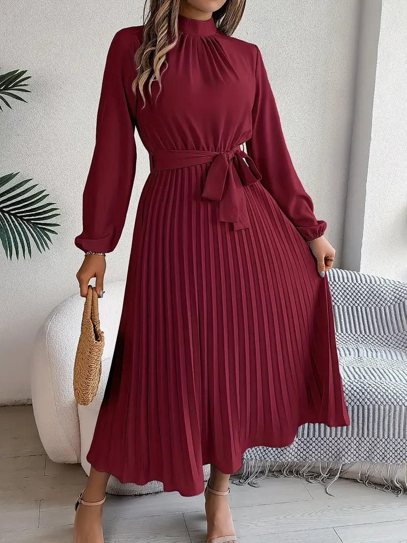 Elegant Pleated Midi Wedding Guest Dress With  Belted Waist