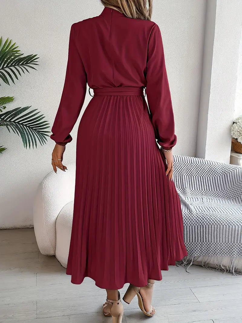 Elegant Pleated Midi Wedding Guest Dress With  Belted Waist