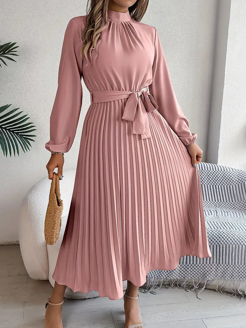 Elegant Pleated Midi Wedding Guest Dress With  Belted Waist