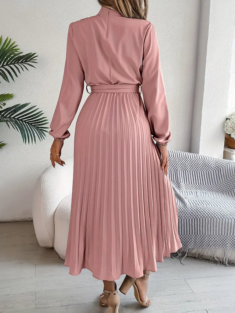Elegant Pleated Midi Wedding Guest Dress With  Belted Waist