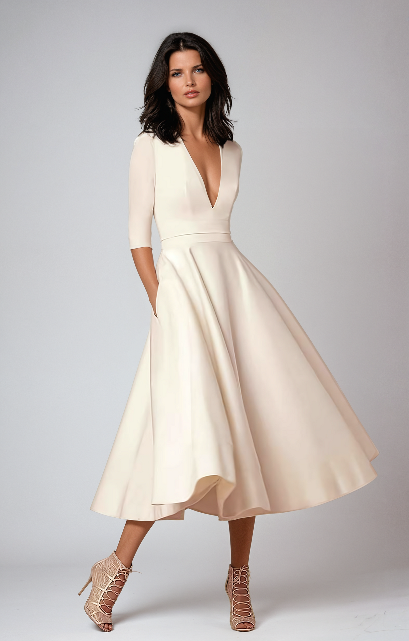 Elegant V-Neck Flared Midi Dress for Wedding Guest Occasions