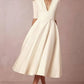 Elegant V-Neck Flared Midi Dress for Wedding Guest Occasions