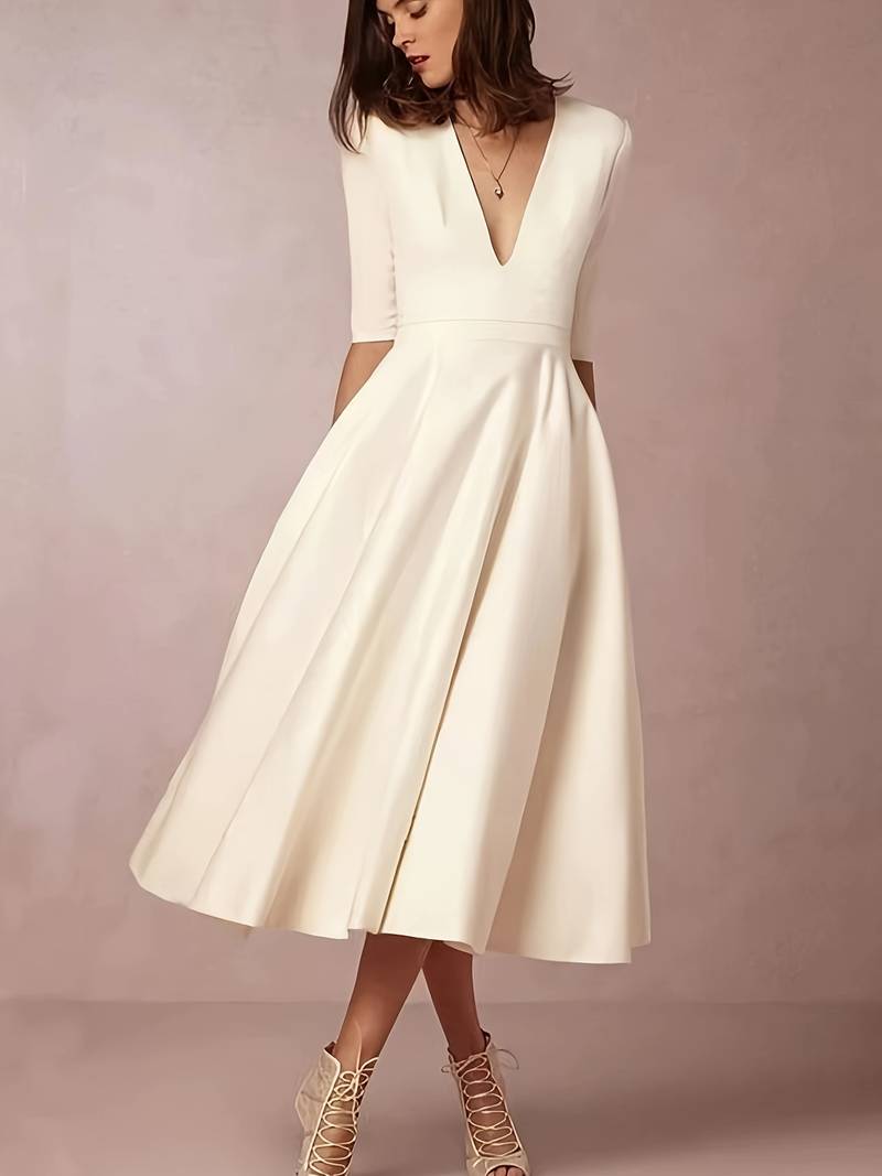 Elegant V-Neck Flared Midi Dress for Wedding Guest Occasions