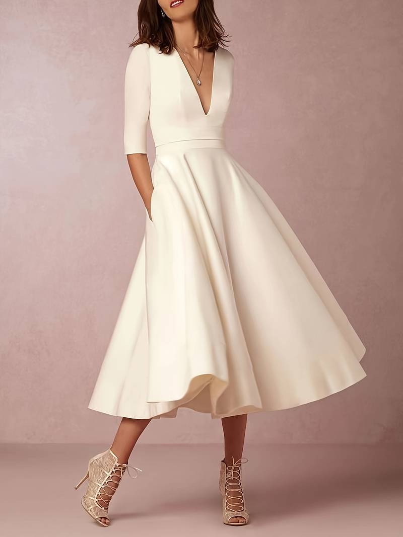 Elegant V-Neck Flared Midi Dress for Wedding Guest Occasions