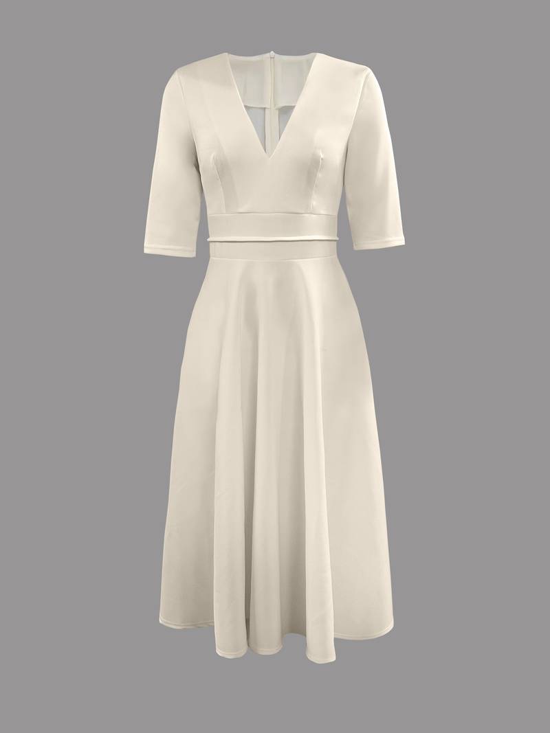 Elegant V-Neck Flared Midi Dress for Wedding Guest Occasions