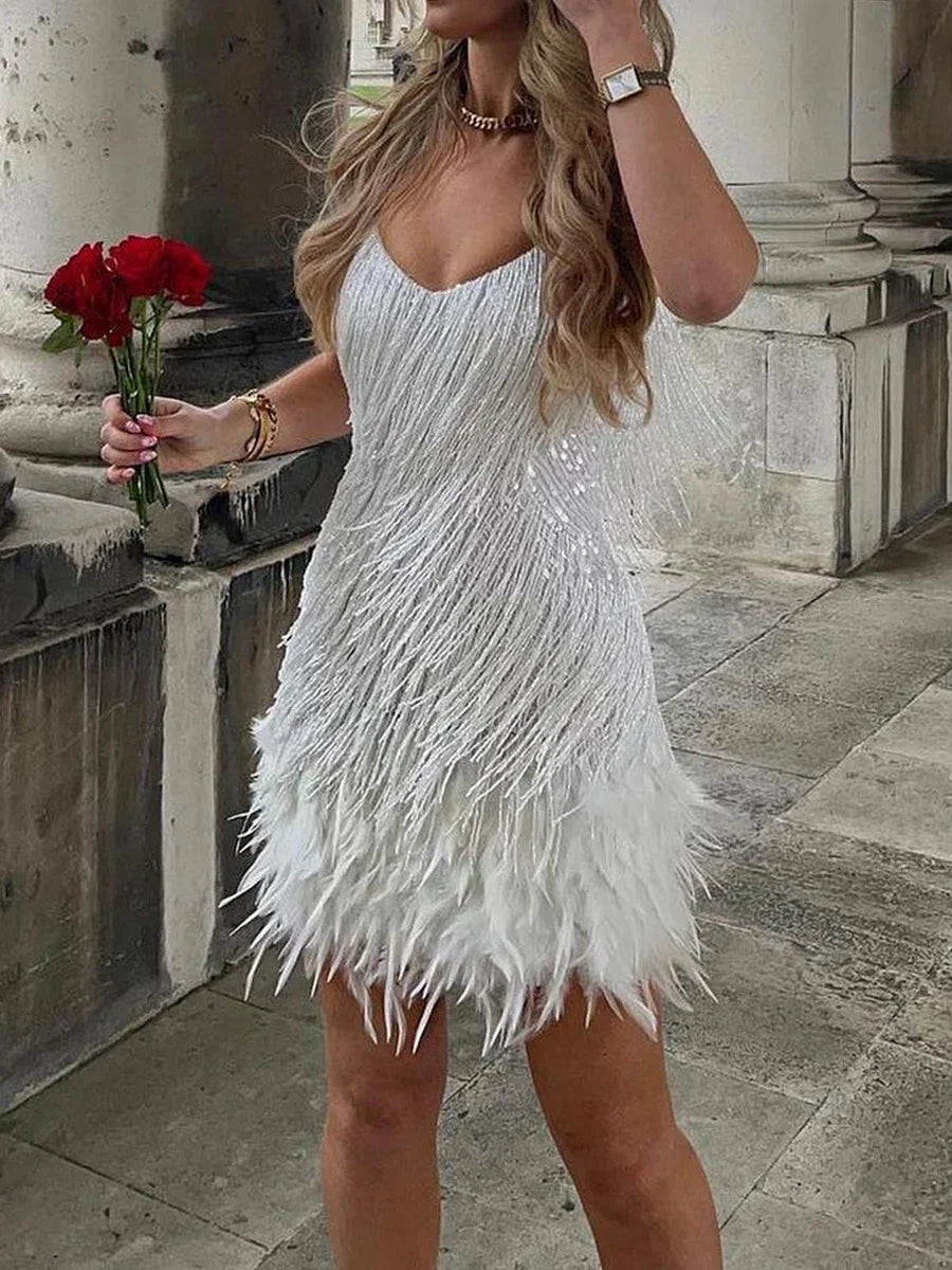 Feather Trim Mini Dress With Shimmer For Parties