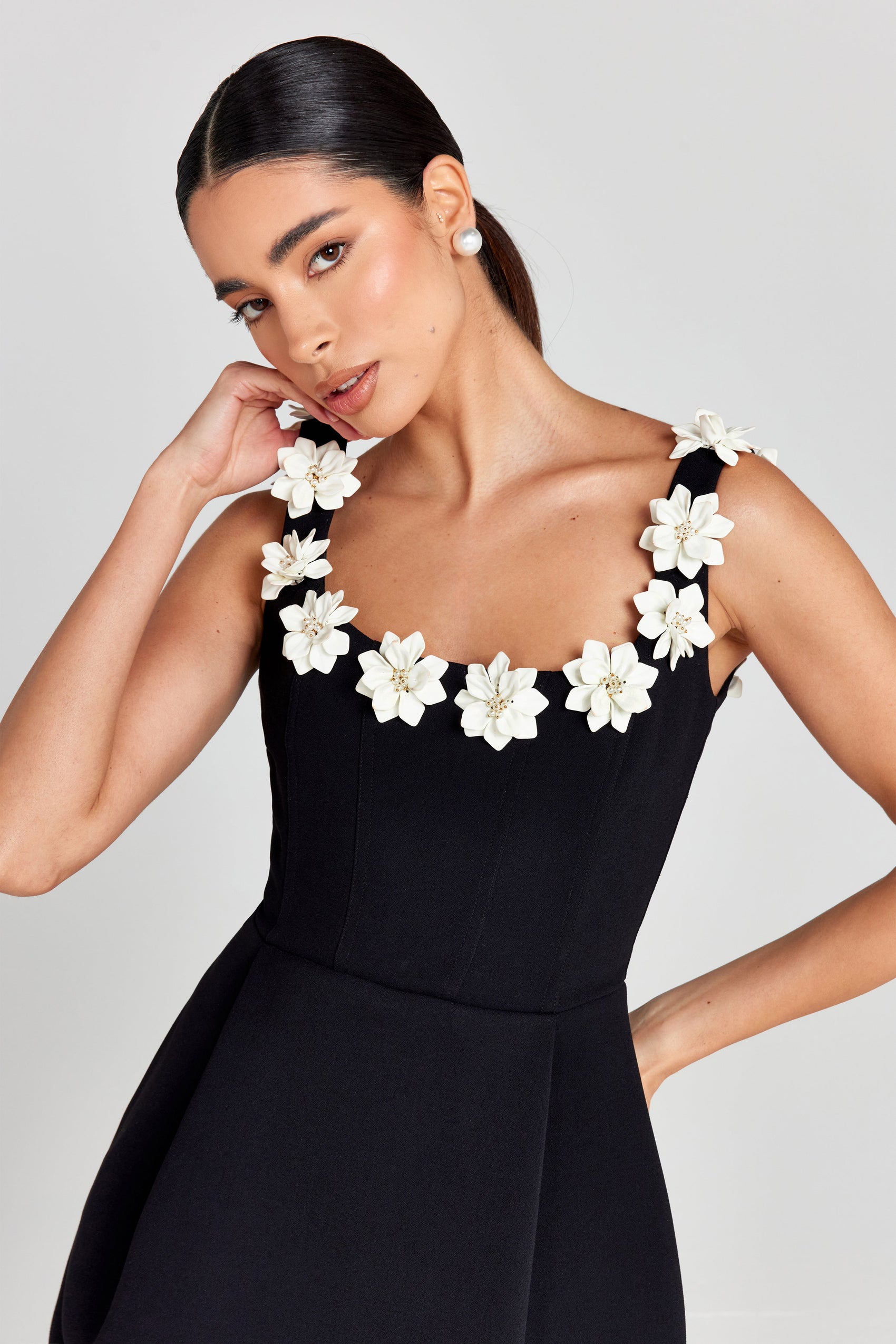 Floral Appliqué Mini Dress With 3D Flowers