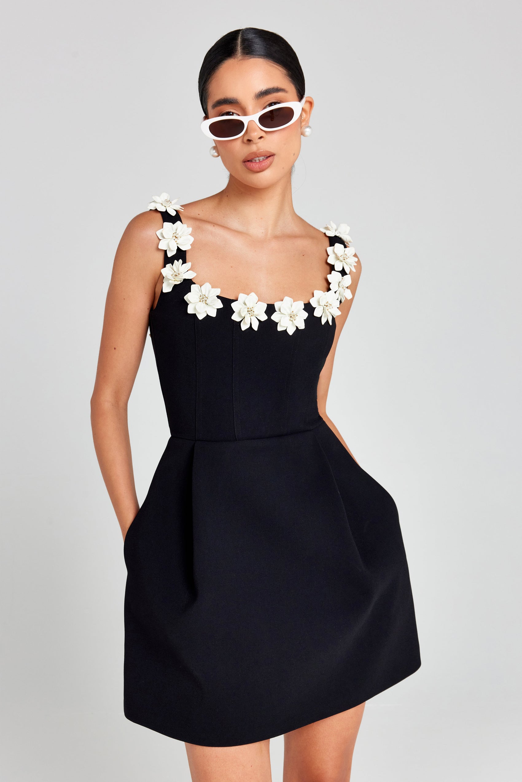 Floral Appliqué Mini Dress With 3D Flowers