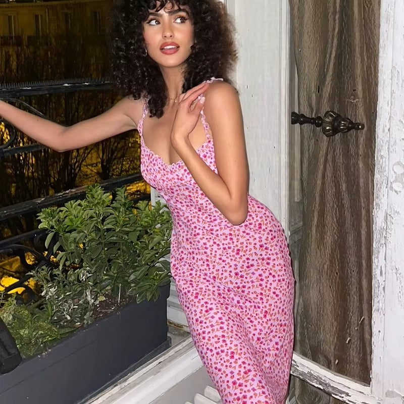 Floral Printed Ruffle Strap Midi Dress Casual
