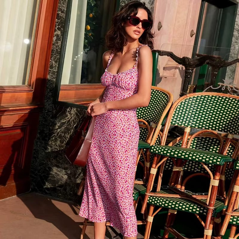 Floral Printed Ruffle Strap Midi Dress Casual