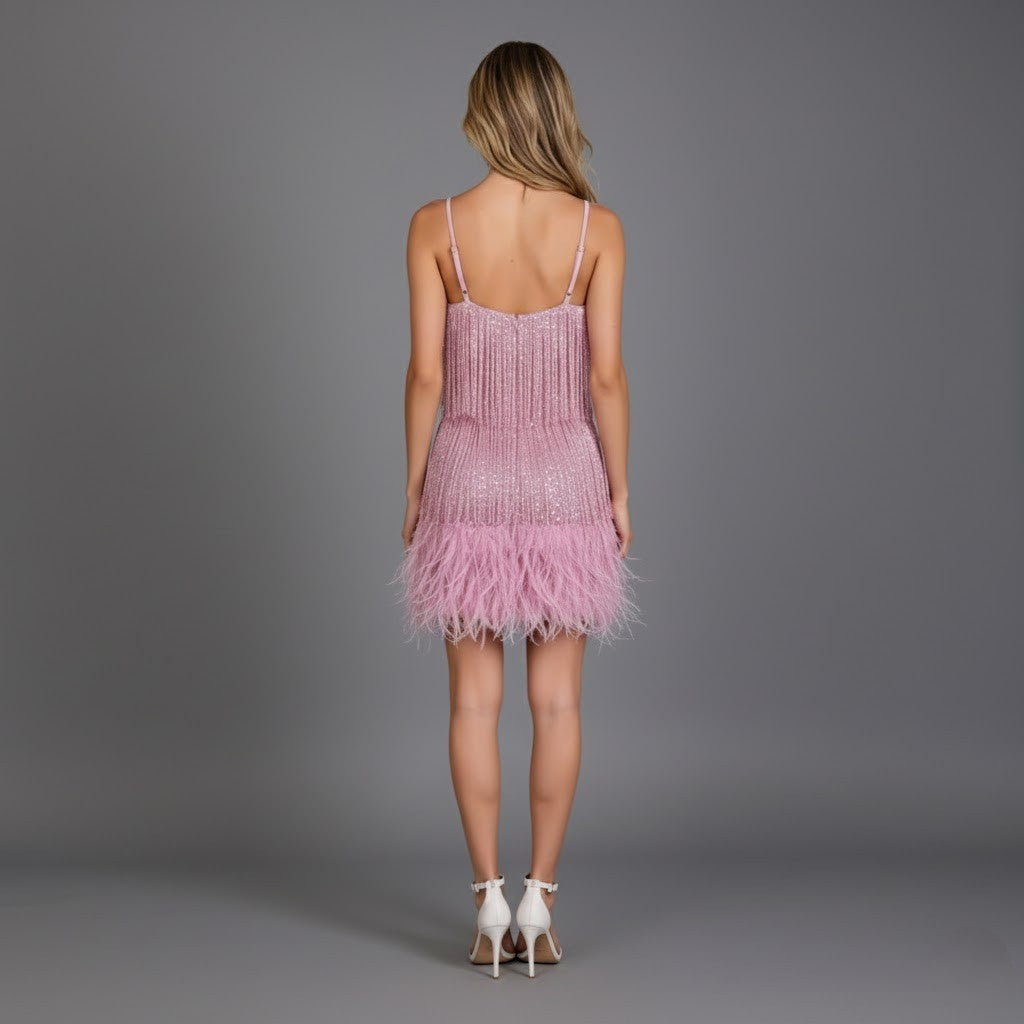 Glamorous Fringe Feather Mini Party Dress for Evening Celebrations