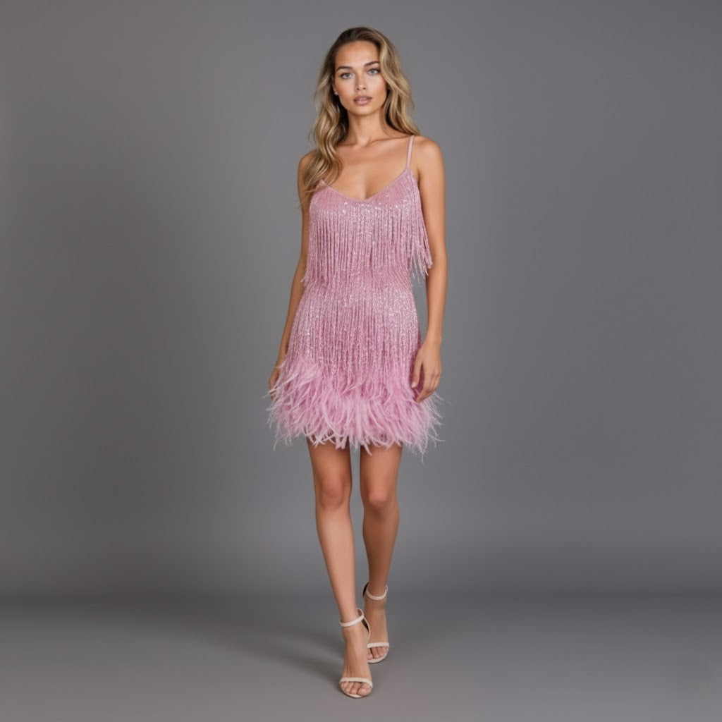 Glamorous Fringe Feather Mini Party Dress for Evening Celebrations