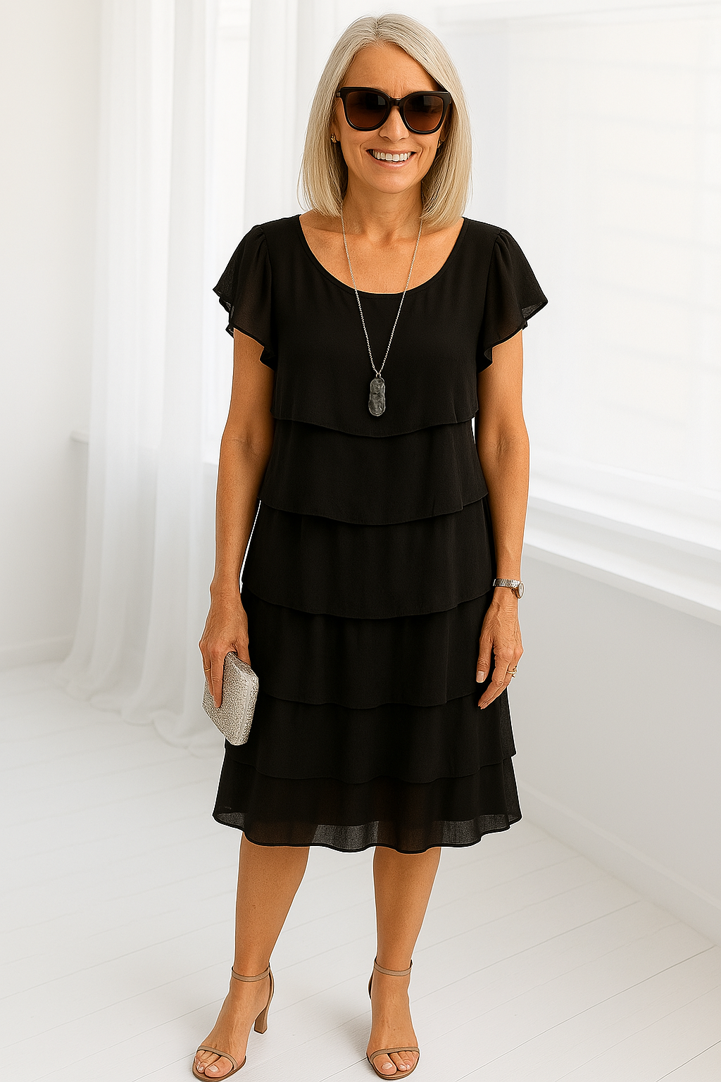 Graceful Short-Sleeve Layered Midi Dress for Semi-Formal Events