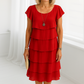 Graceful Short-Sleeve Layered Midi Dress for Semi-Formal Events