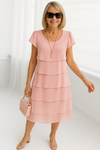 Graceful Short-Sleeve Layered Midi Dress for Semi-Formal Events
