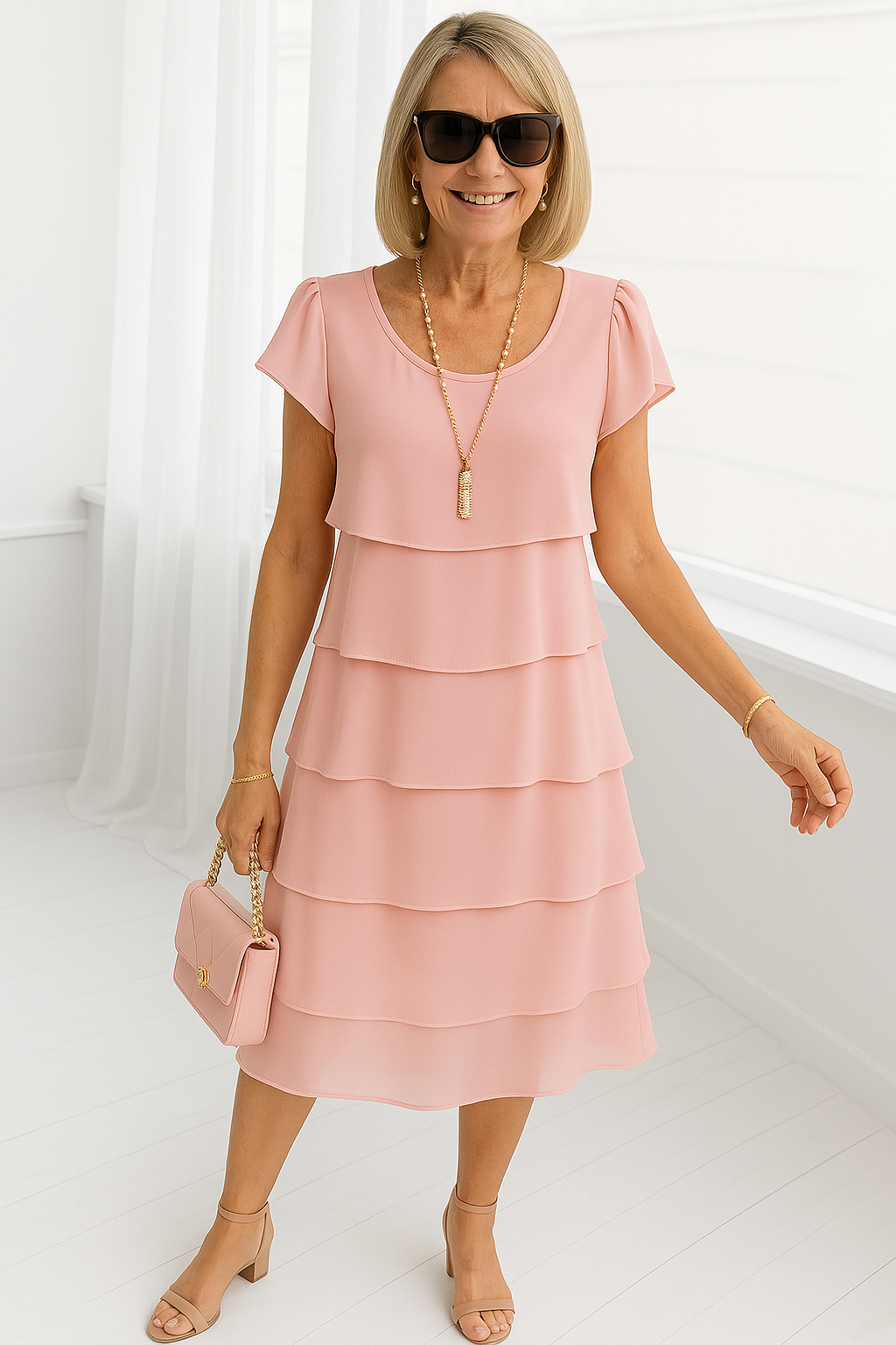 Graceful Short-Sleeve Layered Midi Dress for Semi-Formal Events