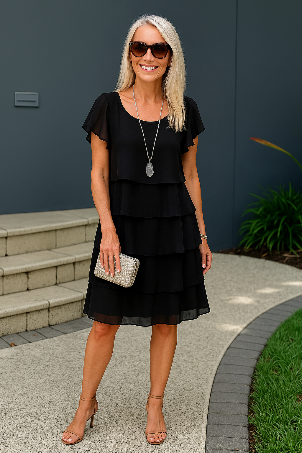 Graceful Short-Sleeve Layered Midi Dress for Semi-Formal Events
