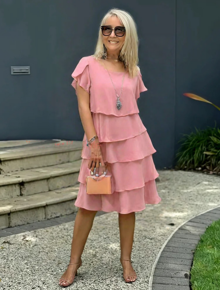 Graceful Short-Sleeve Layered Midi Dress for Semi-Formal Events