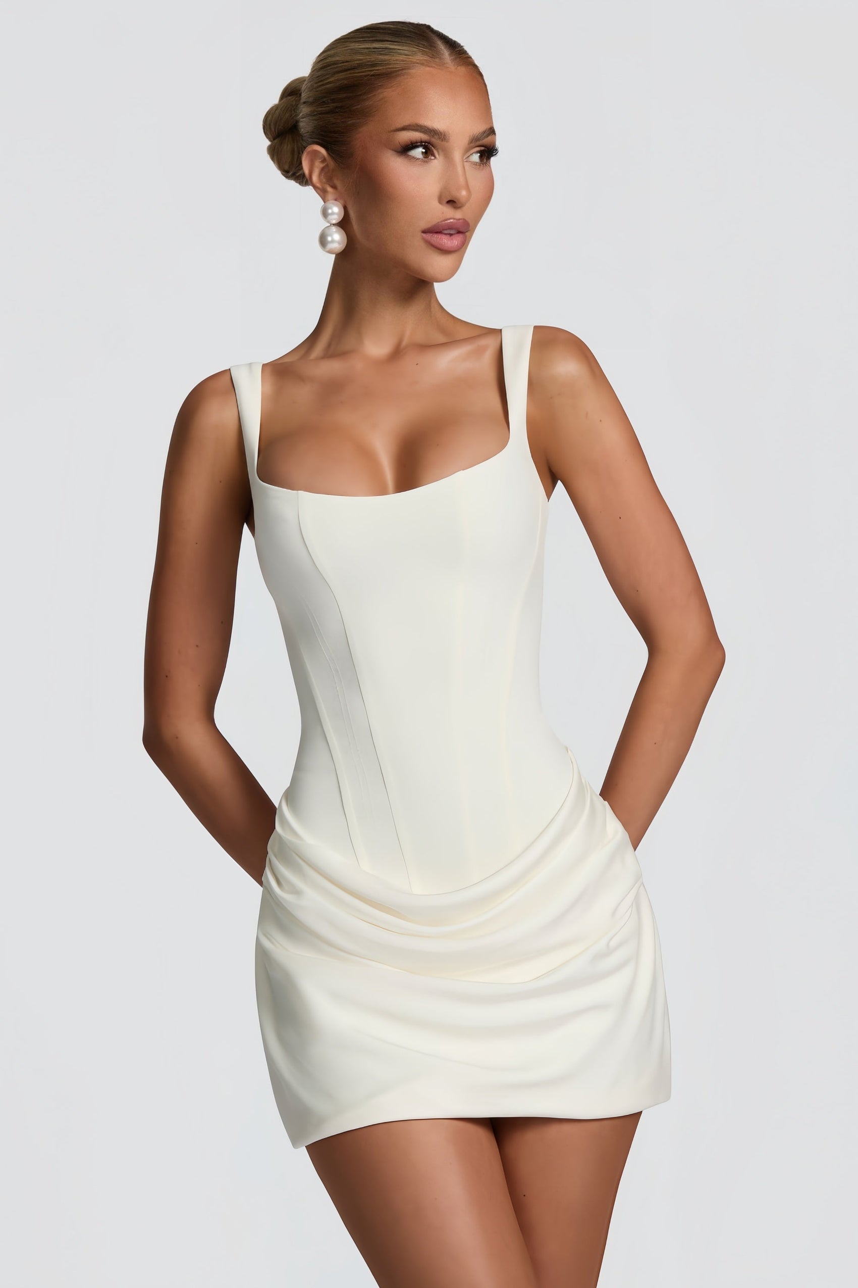 Graceful White Ruched Bodycon Mini Dress
