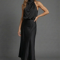 Halter Neck Blouson Satin Midi Occasion Dress