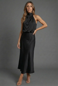Halter Neck Blouson Satin Midi Occasion Dress