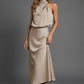 Halter Neck Blouson Satin Midi Occasion Dress