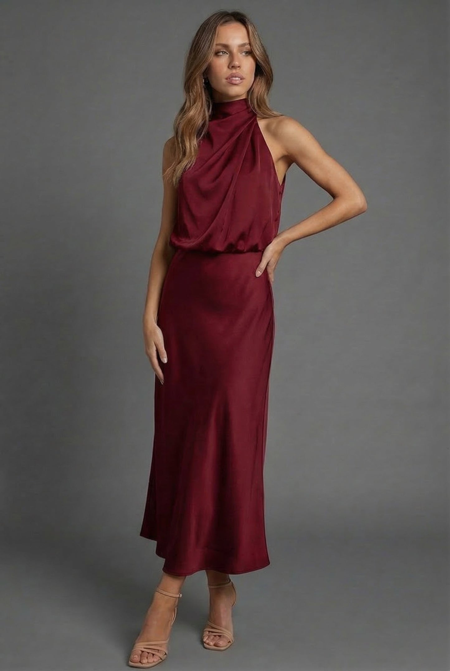 Halter Neck Blouson Satin Midi Occasion Dress