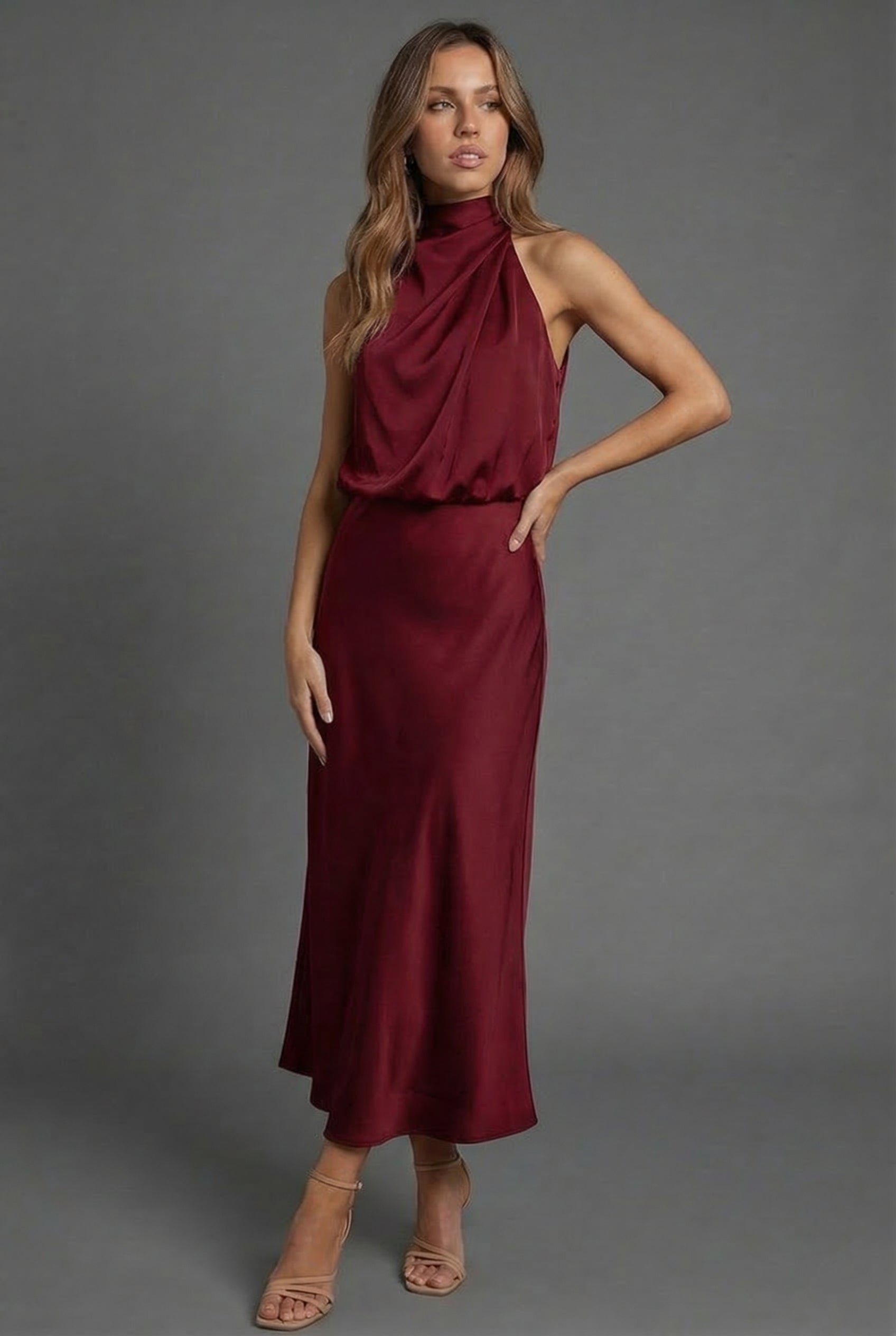 Halter Neck Blouson Satin Midi Occasion Dress