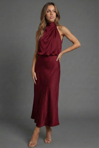Halter Neck Blouson Satin Midi Occasion Dress