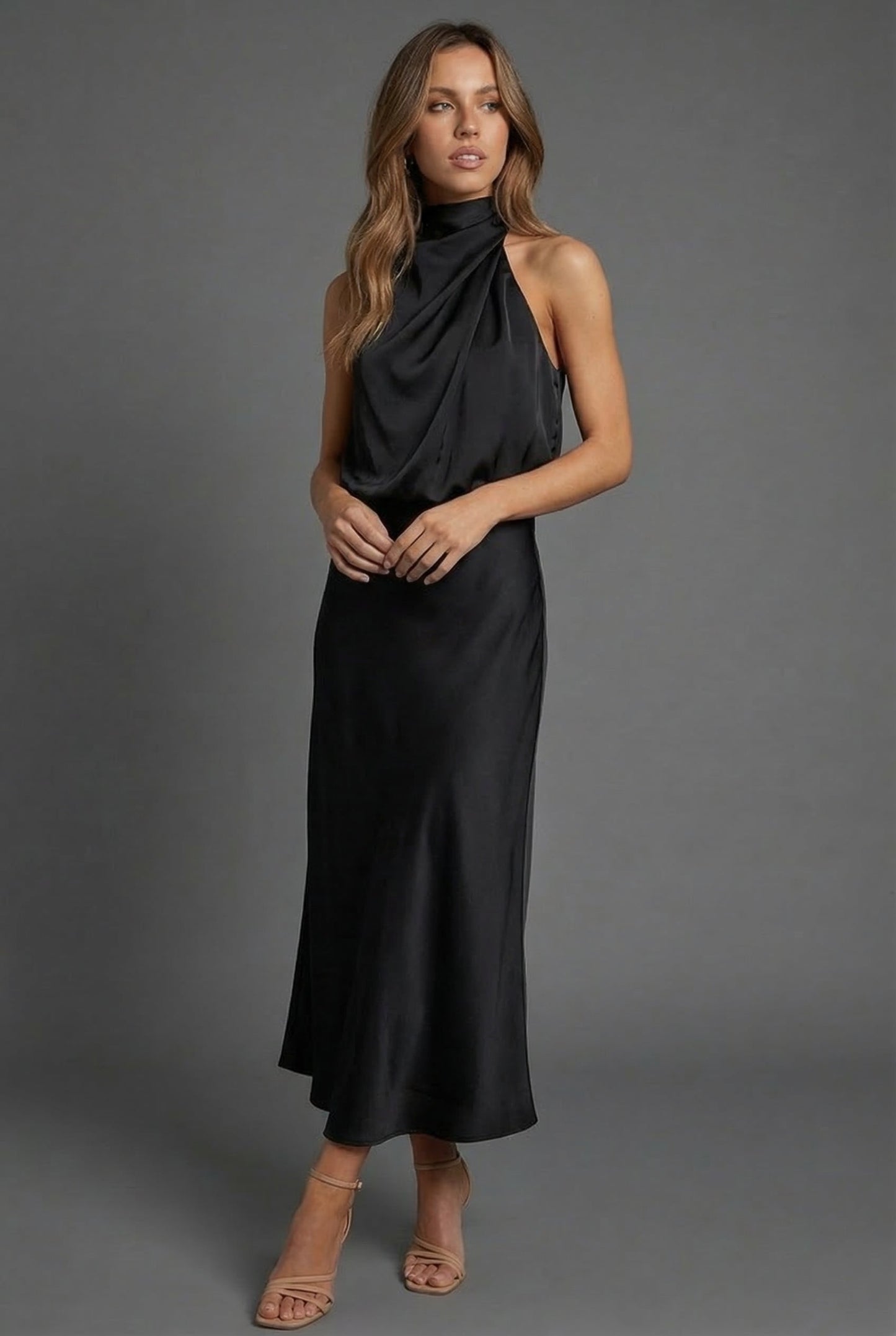 Halter Neck Blouson Satin Midi Occasion Dress