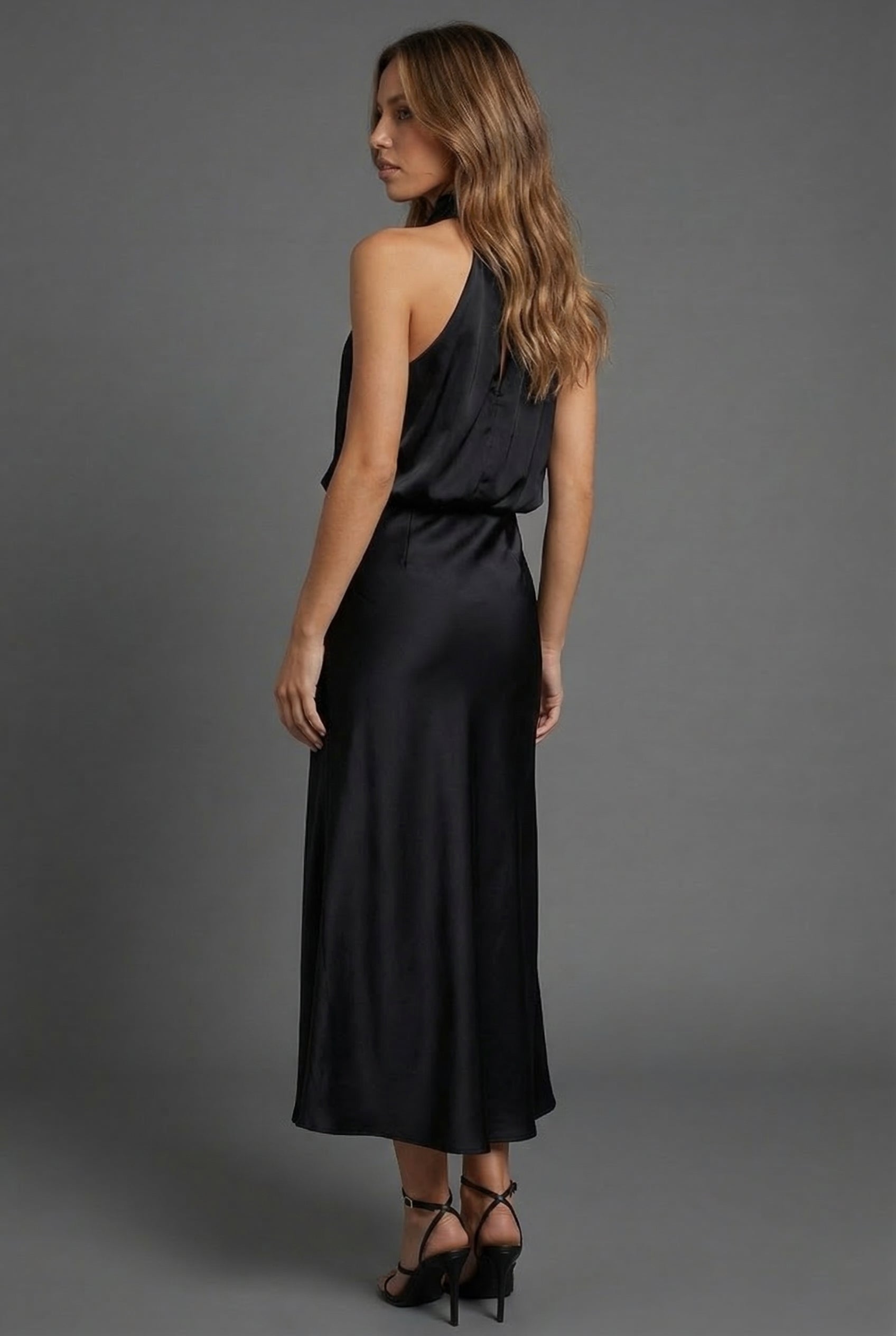 Halter Neck Blouson Satin Midi Occasion Dress