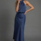 Halter Neck Blouson Satin Midi Occasion Dress