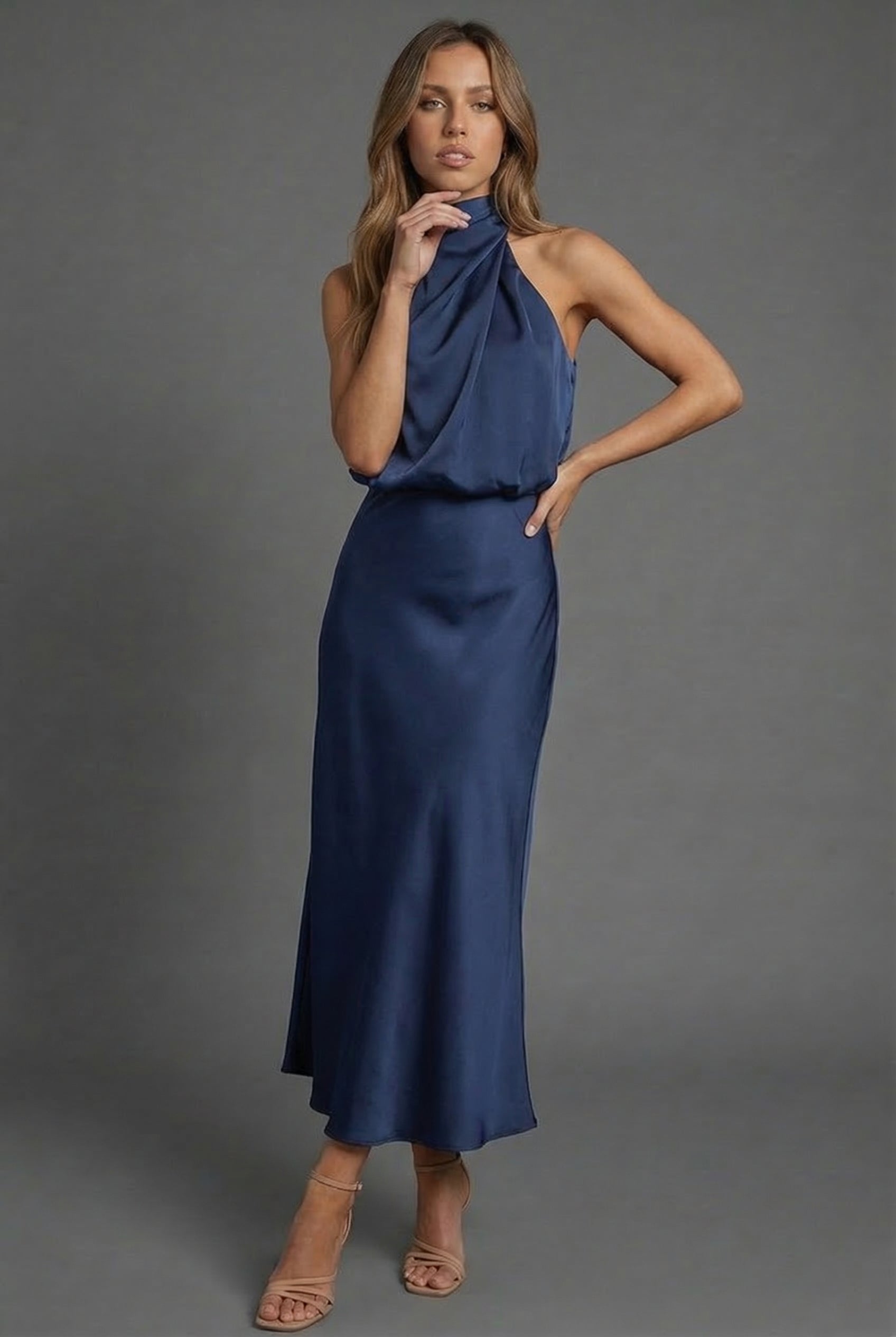 Halter Neck Blouson Satin Midi Occasion Dress