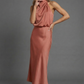 Halter Neck Blouson Satin Midi Occasion Dress