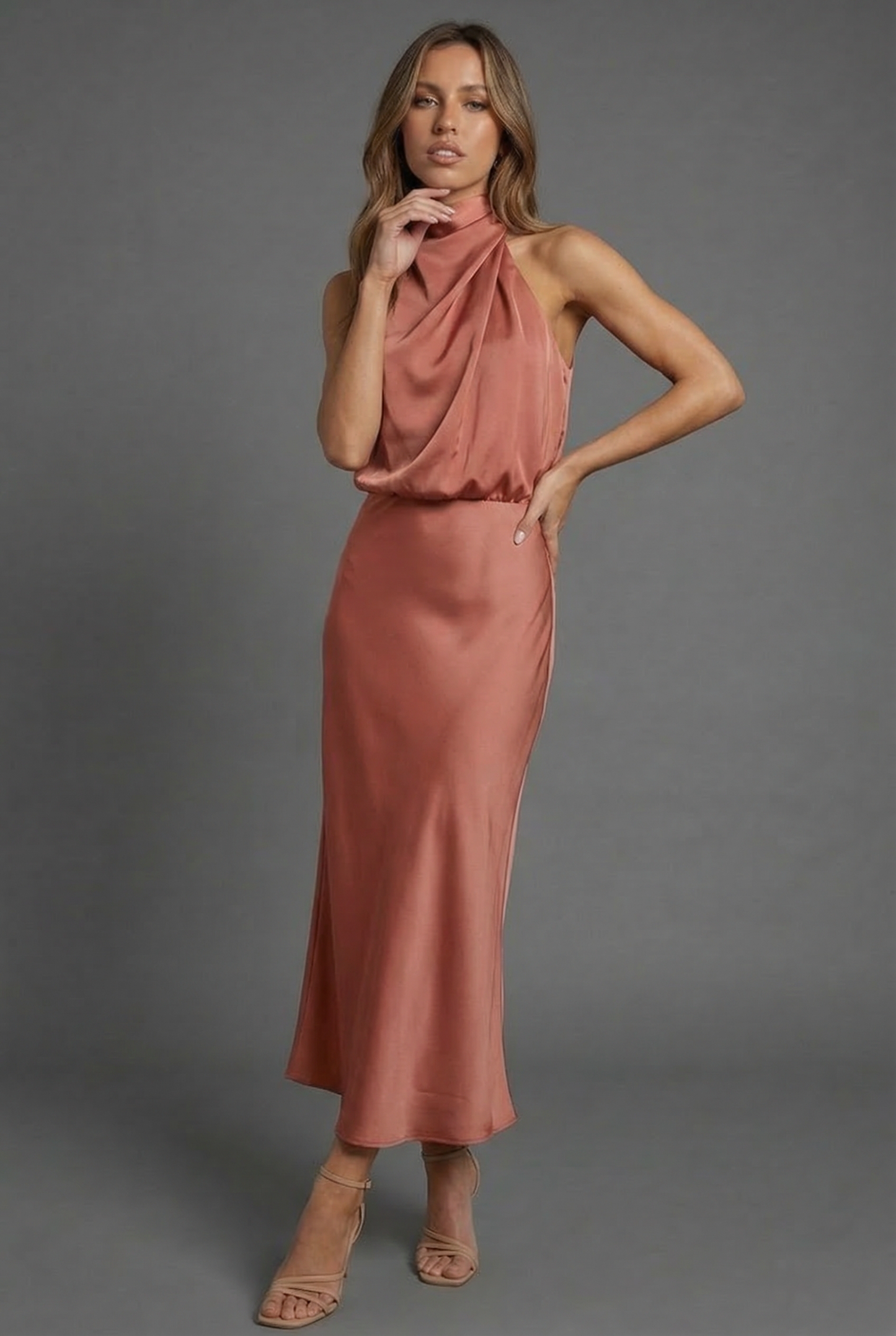 Halter Neck Blouson Satin Midi Occasion Dress
