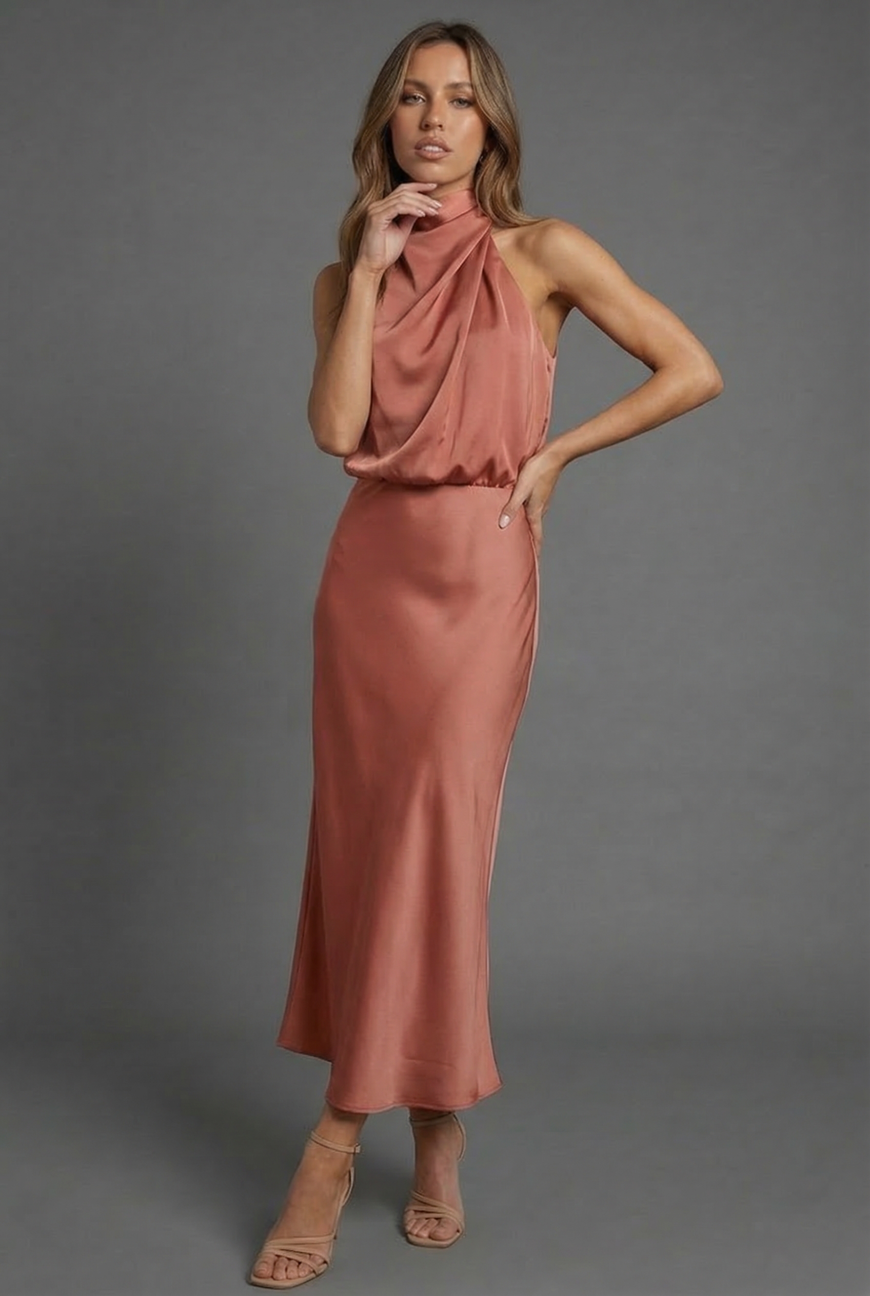 Halter Neck Blouson Satin Midi Occasion Dress