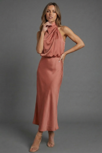 Halter Neck Blouson Satin Midi Occasion Dress