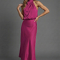 Halter Neck Blouson Satin Midi Occasion Dress